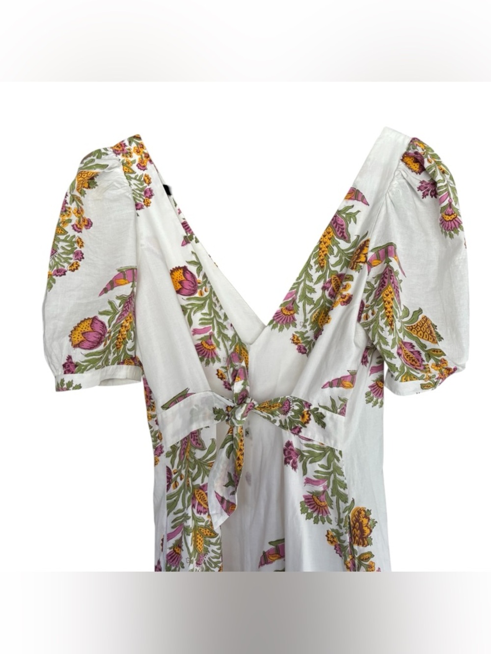 Alix of Bohemia Bianca Belle Hand-Printed Floral Midi Dress Small White Pink - Picture 6 of 10